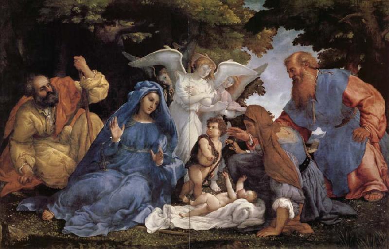Lorenzo Lotto L'Adoration de l'Enfant Jesus avec la Vierge Marie et joseph,Elisabeth et Joachim et trois anges oil painting image